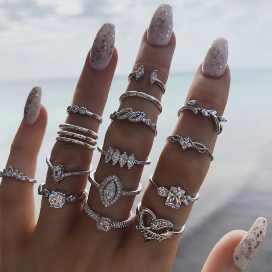 Women's Zircon Geometric Ring Set 15 Pcs