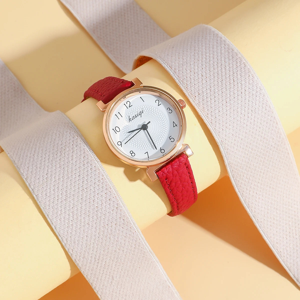 Women's Red Leather Gold Quartz Watch