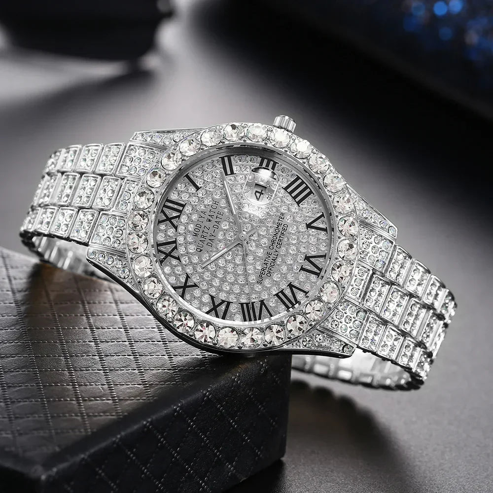 Men's Gold Diamond Rhinestone Quartz Watch