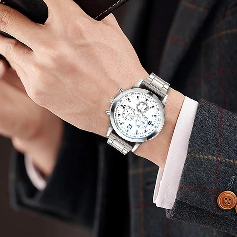 Men's Steel Band Quartz Watch & Bracelet (1-2pcs)