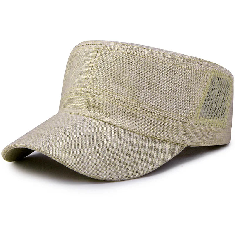 Unisex Linen Flat Top Military Sun Hat