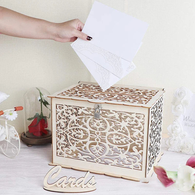 Wooden Wedding Card Box with Lock Decor