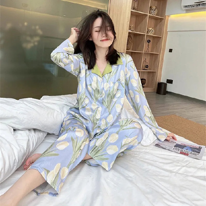Women's Silk Print Cardigan Pajama Set
