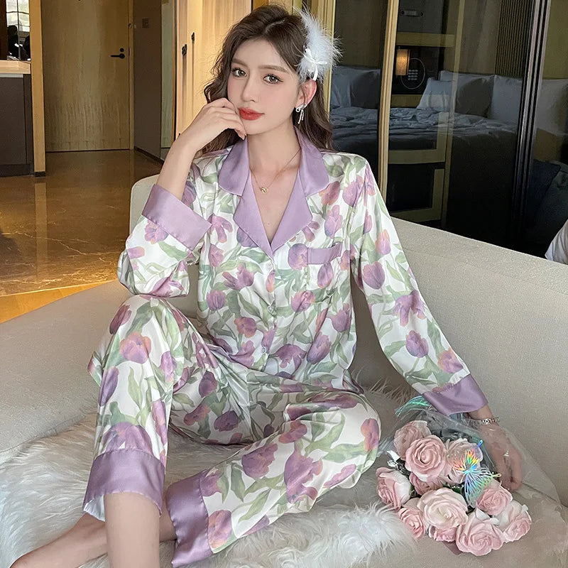 Women's Silk Print Cardigan Pajama Set
