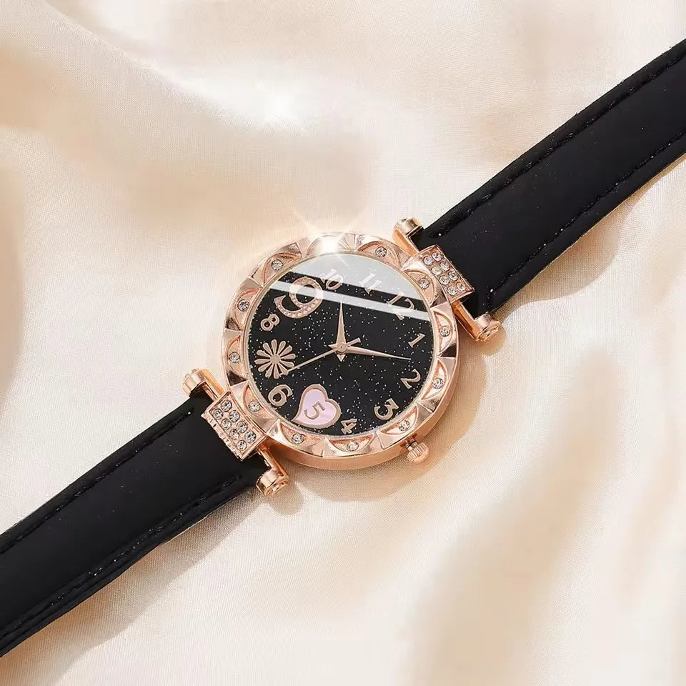 Women's Leather Quartz Watch & Bracelet Set (6pcs)