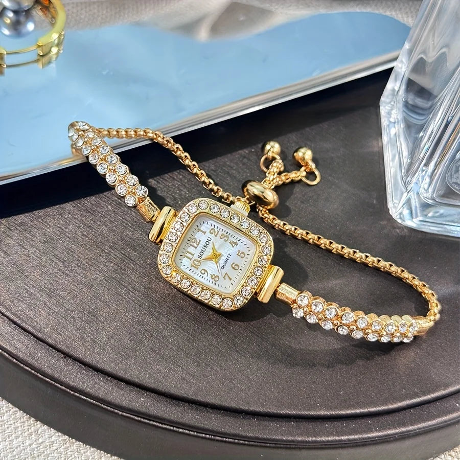 Women's Square Rhinestone Quartz Watch Gold
