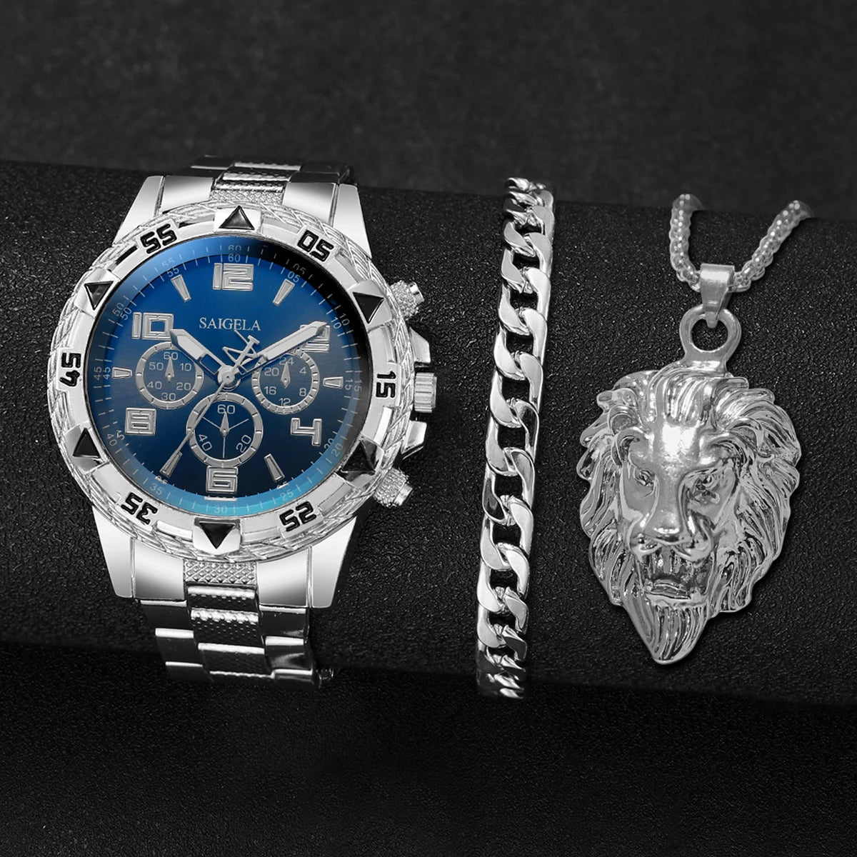 Men's Steel Watch & Jewelry Set (3pcs)