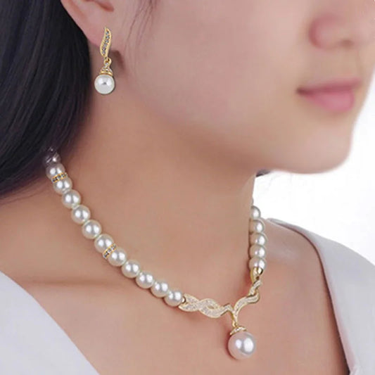 Gold Pearl Necklace Earring Set