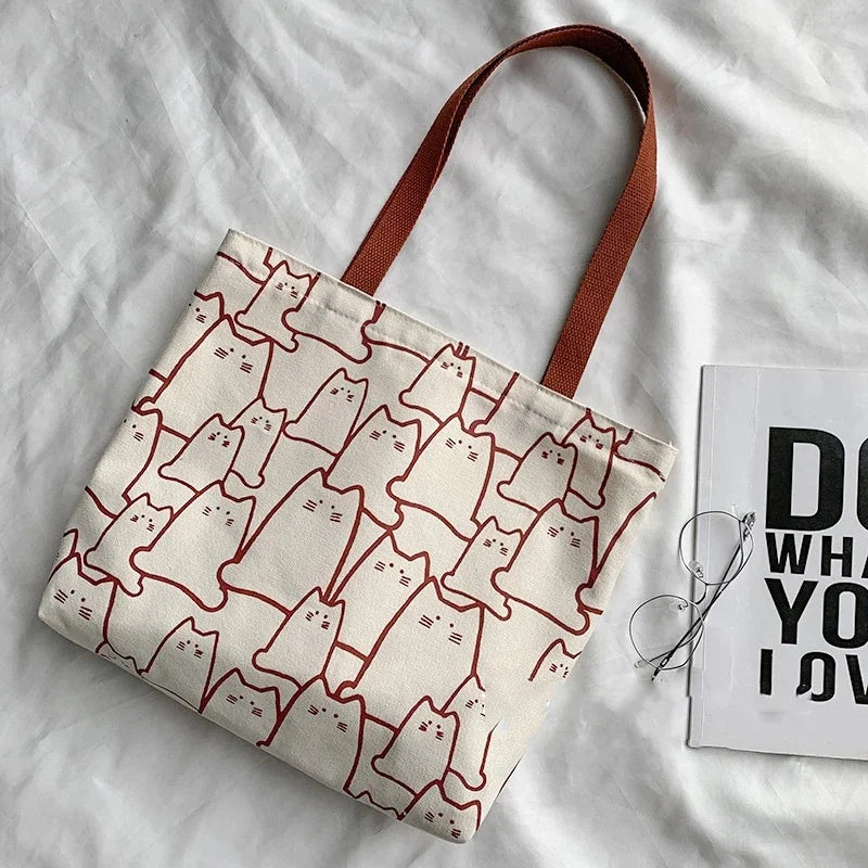 Cute Cat Canvas Tote Bag with Zipper