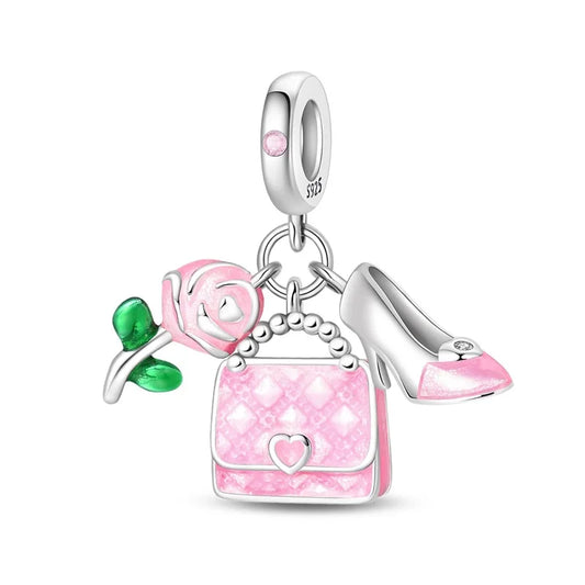 Rose Bag Silver Charm Pendant Set