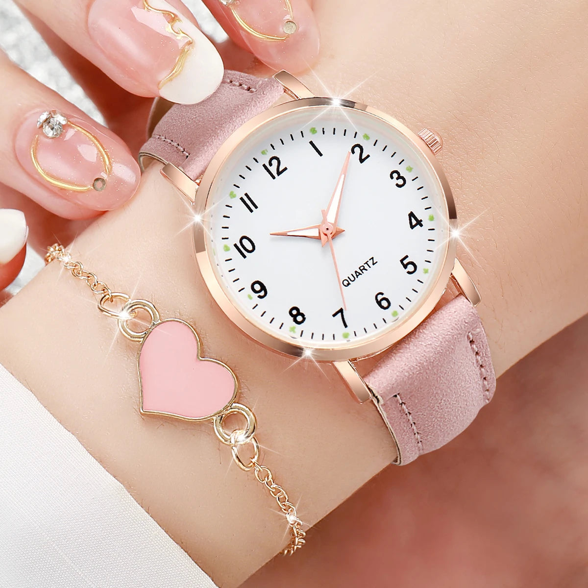 Women's Leather Watch & Heart Bracelet Set (4-6pcs)