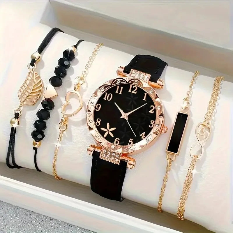Women's Leather Quartz Watch & Bracelet Set (6pcs)