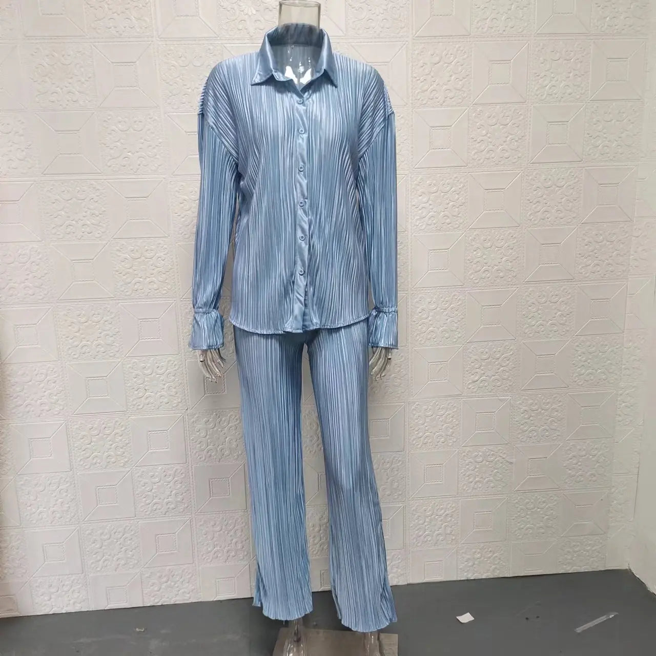 Women's Pleated Lapel Wide Pants Pajama Set