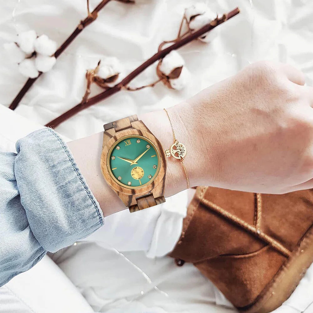 Women's Wood & Diamond Dial Quartz Watch
