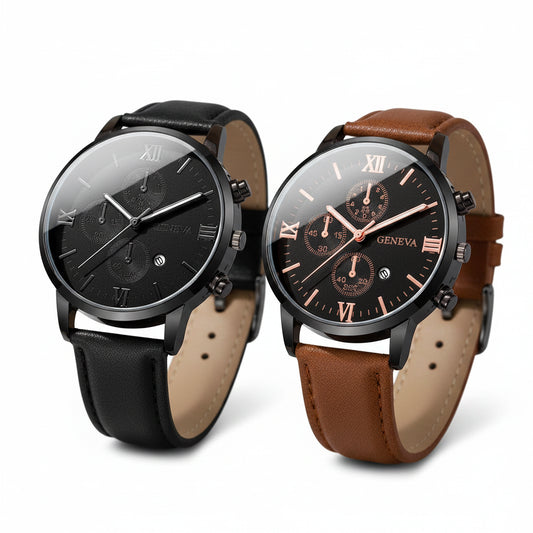 Unisex Leather Calendar Quartz Watch (1-2pcs)
