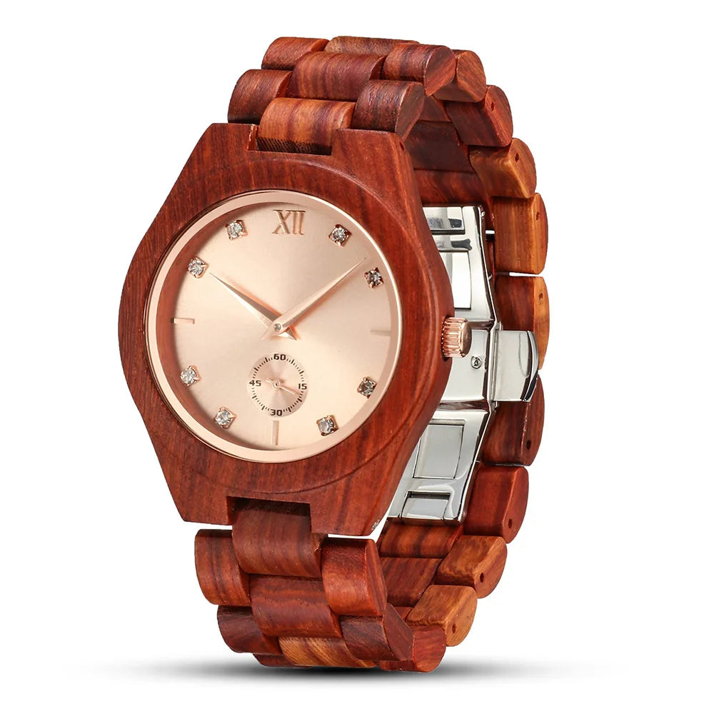 Women's Wood & Diamond Dial Quartz Watch