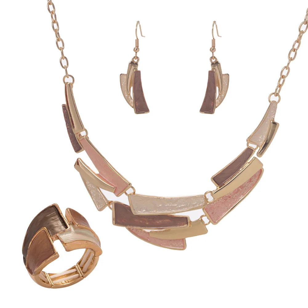 Women's Vintage Gold Necklace Earring Ring Set