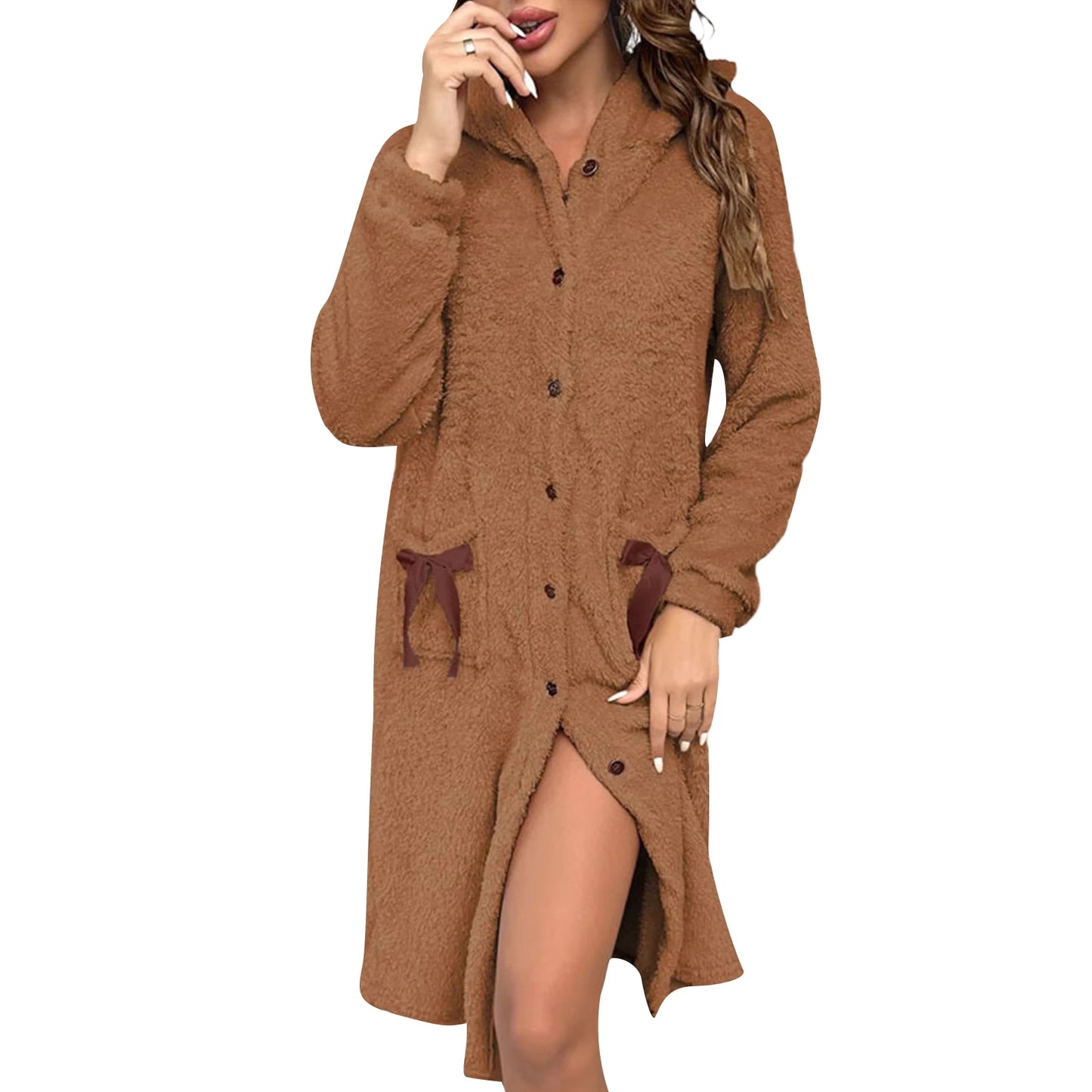Women's Flannel Hooded Bathrobe Winter Warm