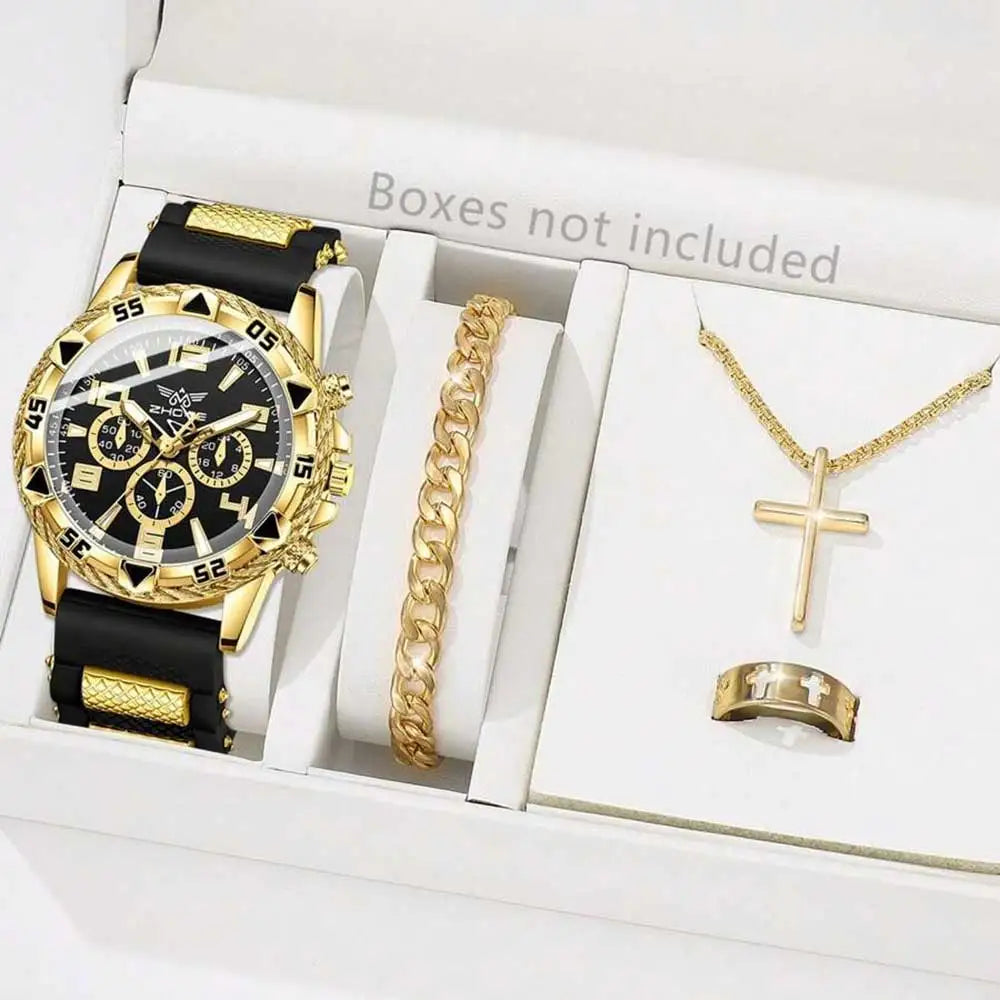 Men's Black Watch & Accessories Gift Set (4pcs)