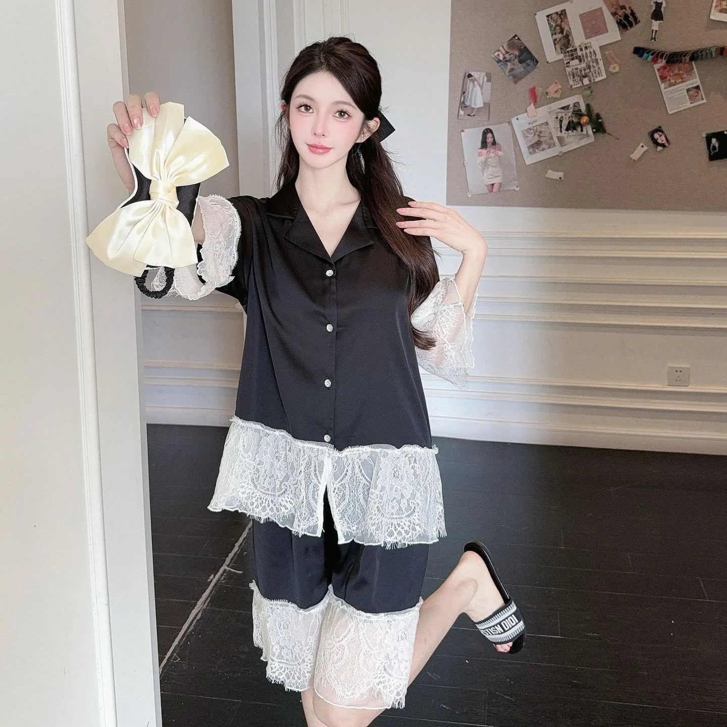 Women's Lace Satin Short Sleeve Pajama Set