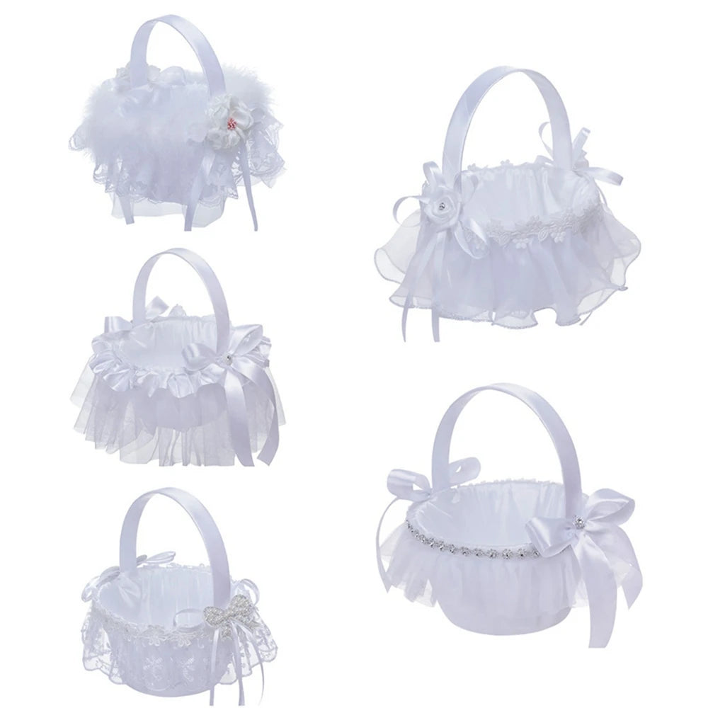 White Flower Girl Basket Lace Wedding Decor