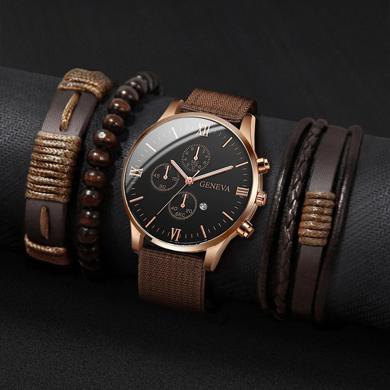 Men's Quartz Watch & Bracelet Set (4-5pcs)