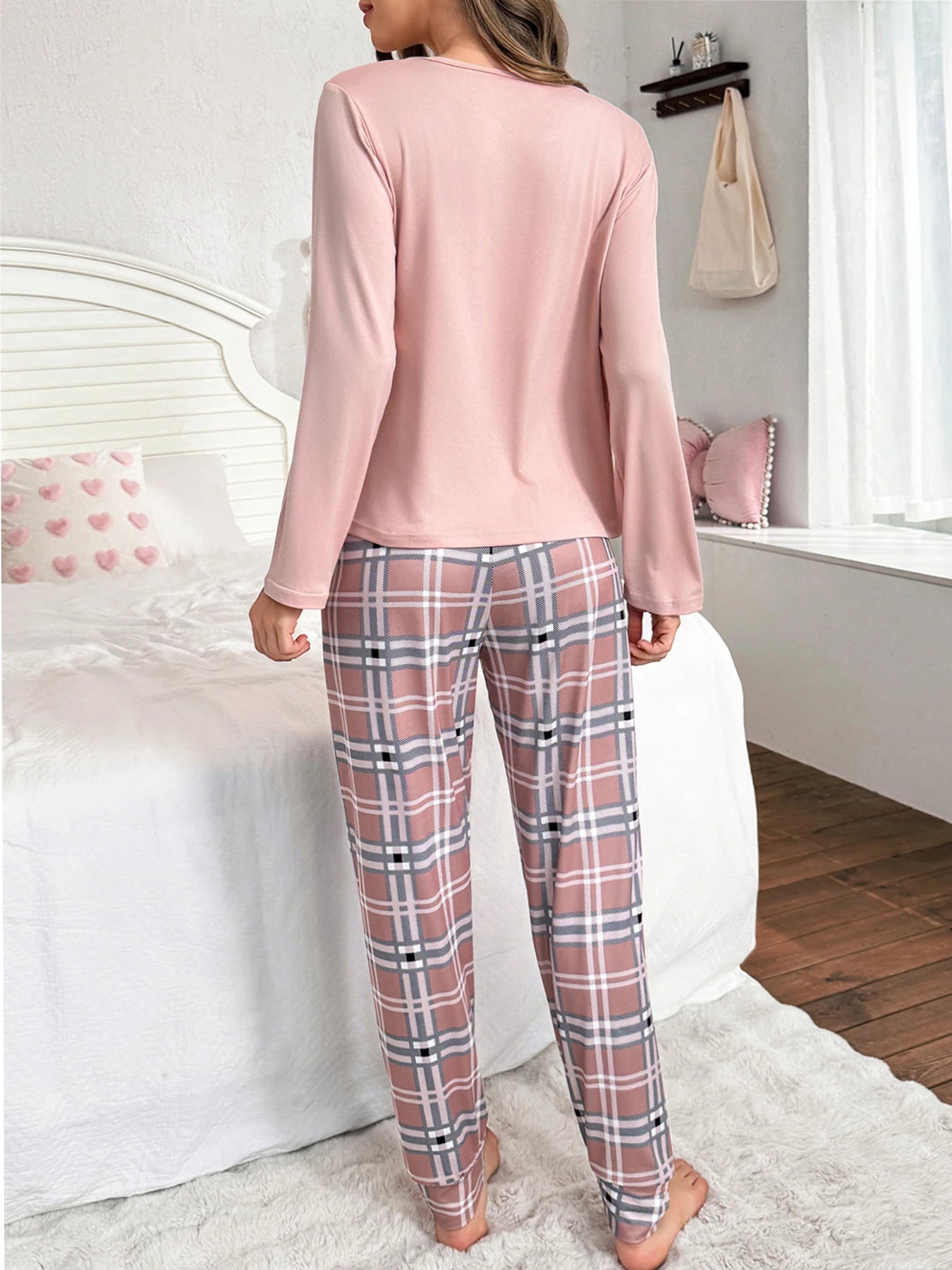 Cartoon Letter Plaid Pajama Set