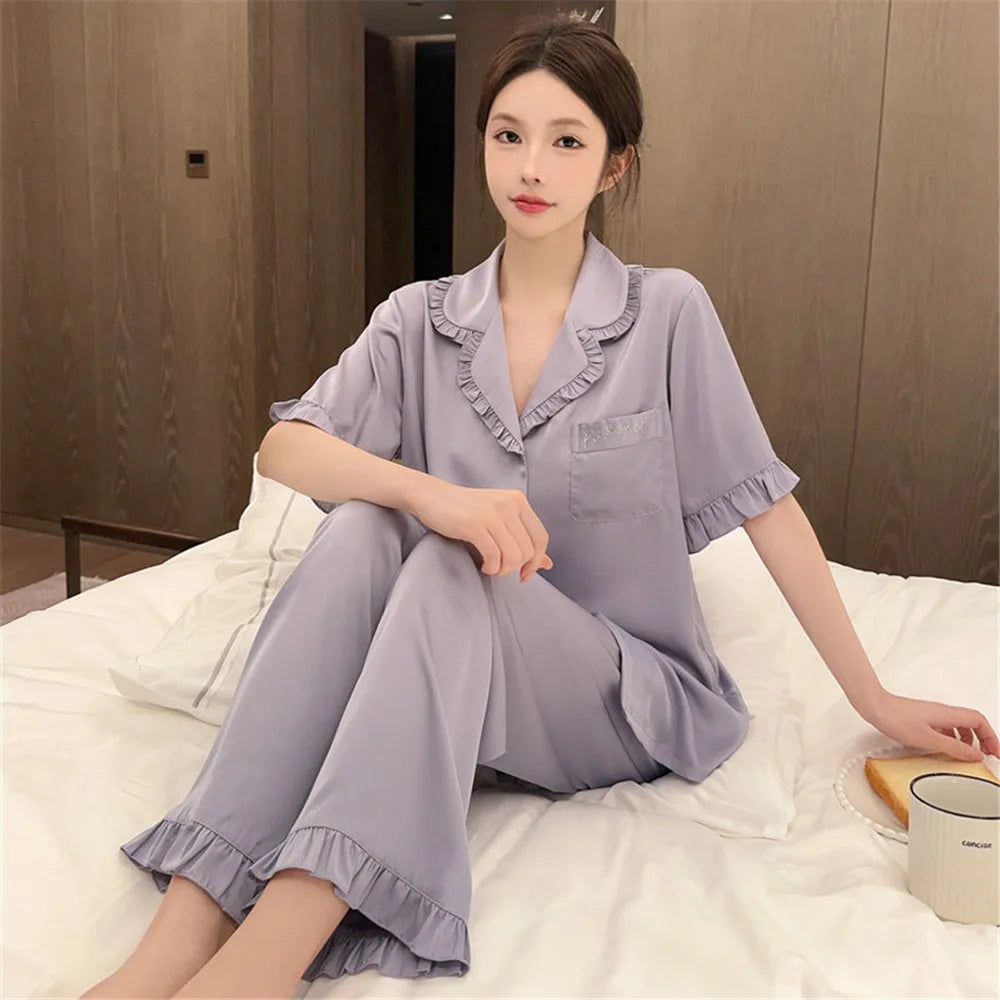 Women's Satin Ruffle Lapel Pajama Set