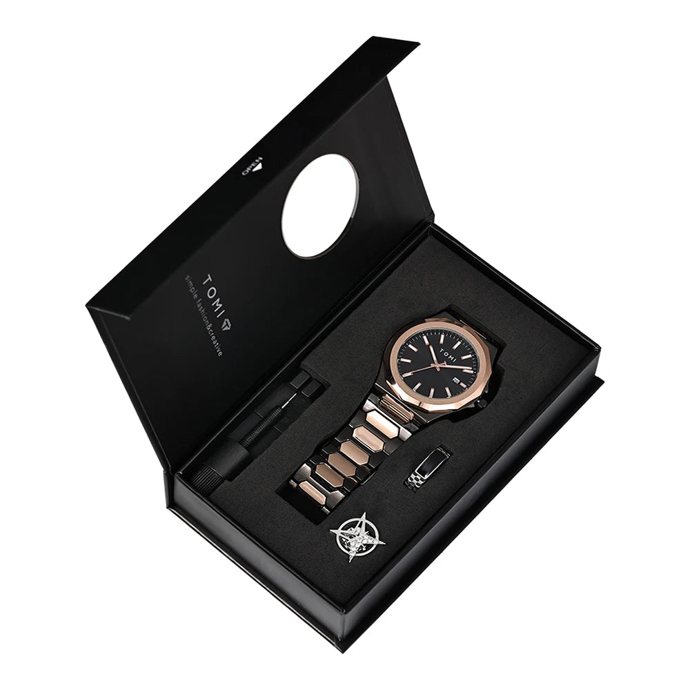 TOMI Men's Rose Gold Quartz Watch Gift Set