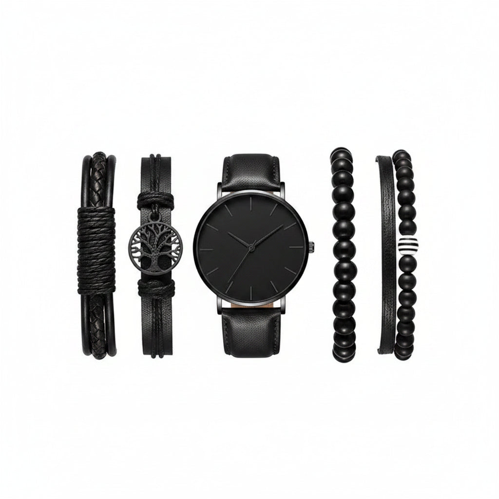 Men's Sports Watch & Leather Bracelet Set (5pcs)