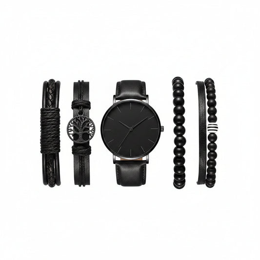 Men's Sports Watch & Leather Bracelet Set (5pcs)
