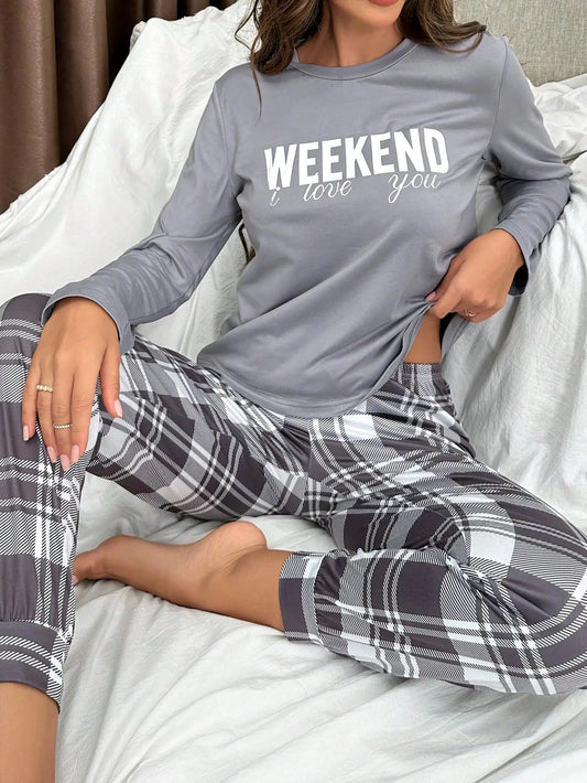 Plaid Slogan Lounge Pajama Set