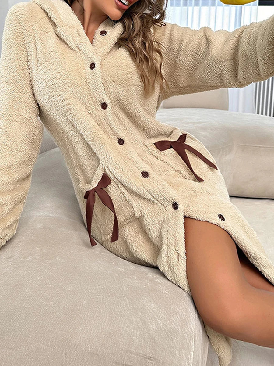 Women's Flannel Hooded Bathrobe Winter Warm