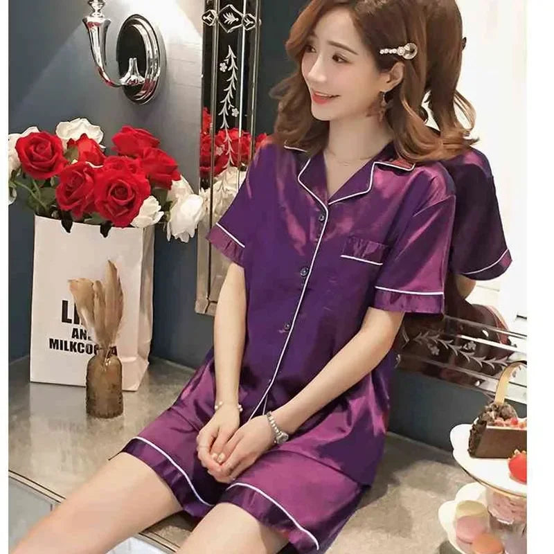 Ice Silk Cardigan Pajama Set