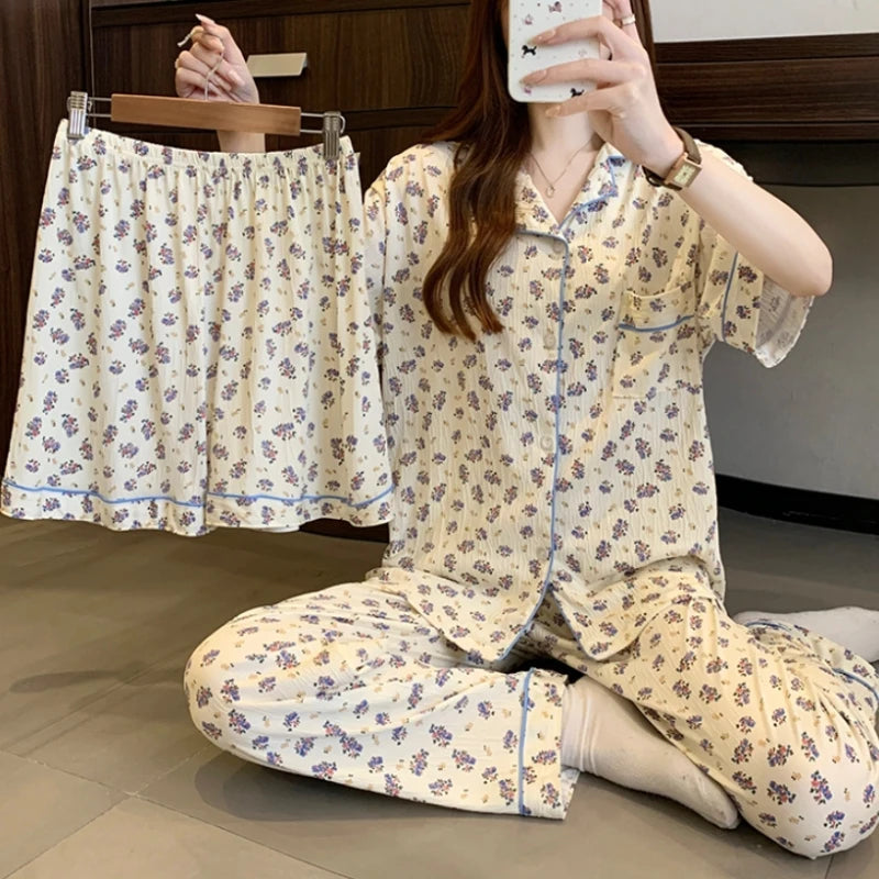 Women's Floral Milk Silk 3-Piece Pajama Set