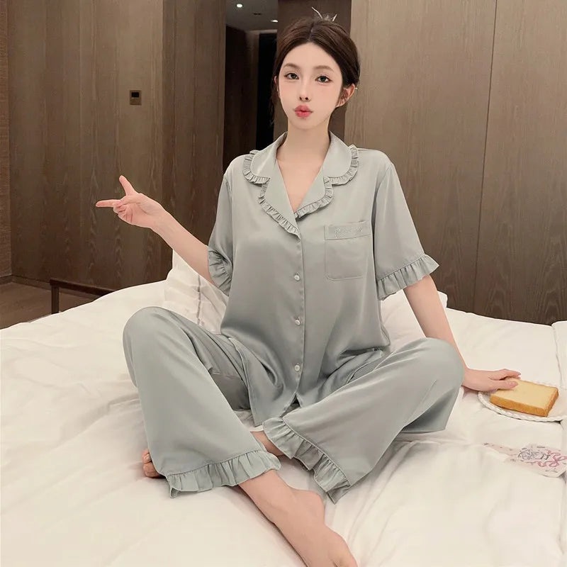 Women's Satin Ruffle Lapel Pajama Set