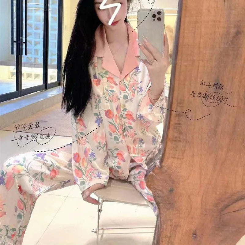 Women's Silk Print Cardigan Pajama Set