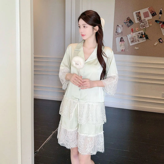 Women's Lace Satin Short Sleeve Pajama Set