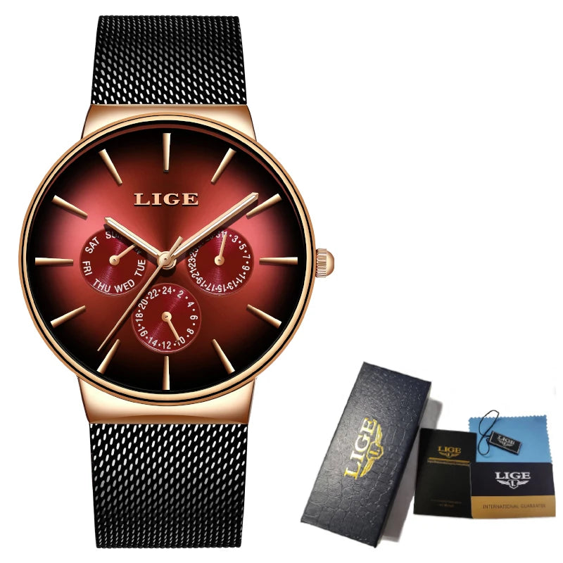LIGE Women's Mesh Belt Quartz Watch Date