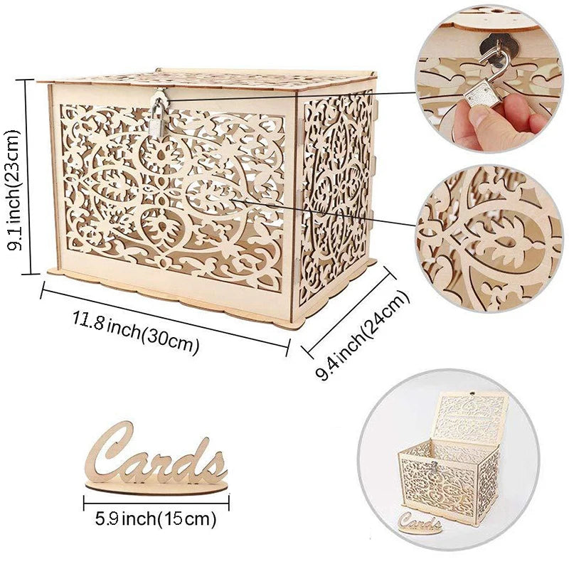 Wooden Wedding Card Box with Lock Decor