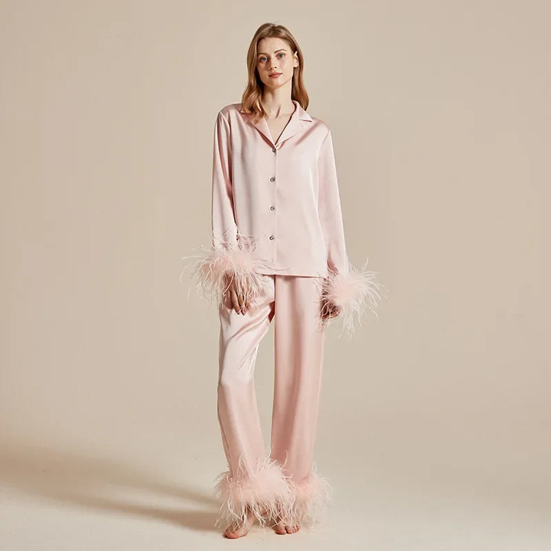 Women's Feather Silk Satin Pajama Set