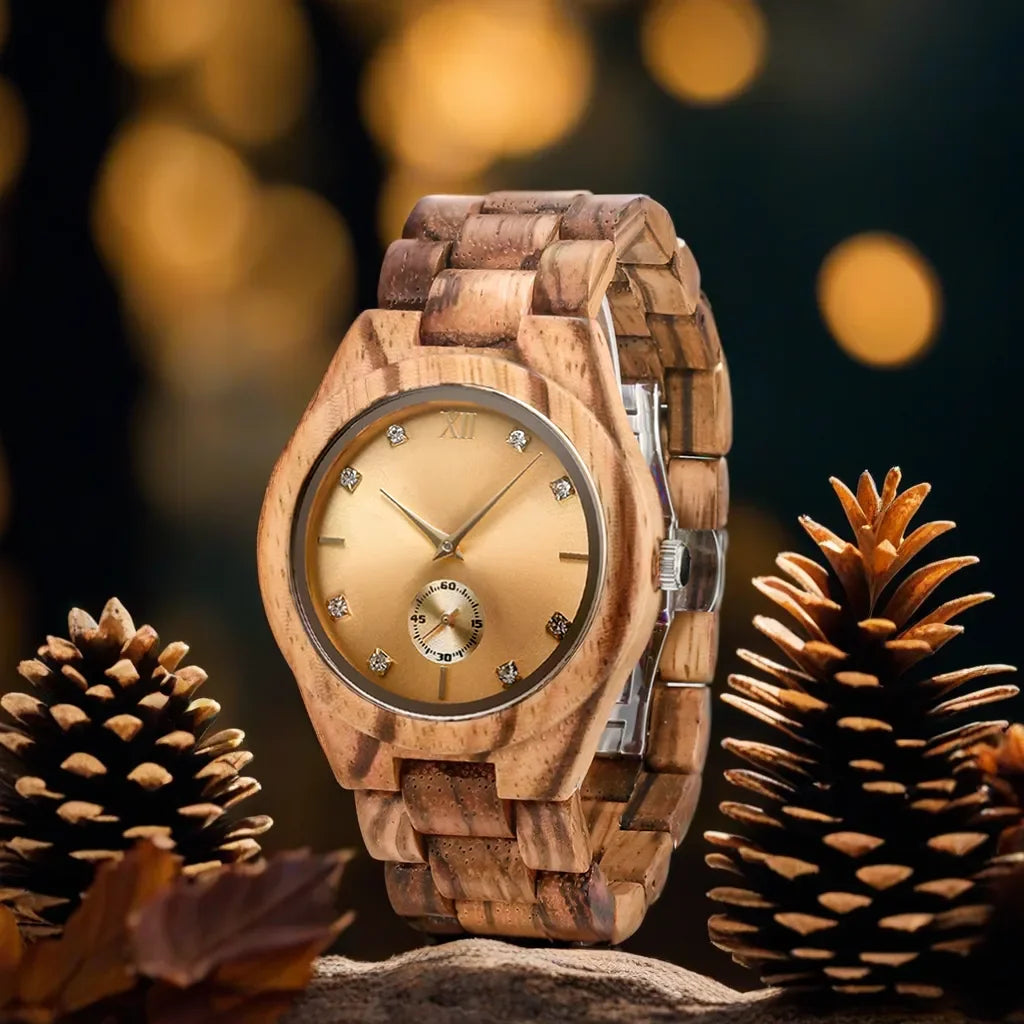Women's Wood & Diamond Dial Quartz Watch