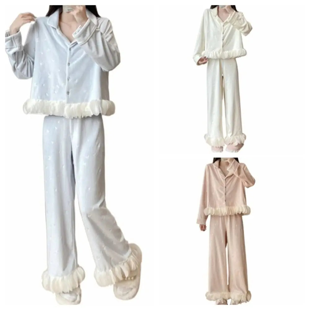 Women's Velvet Bow Long Sleeve Pajama Set