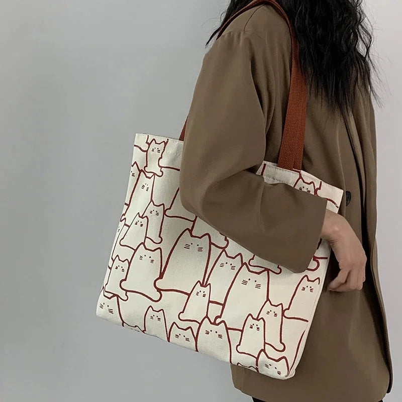 Cute Cat Canvas Tote Bag with Zipper