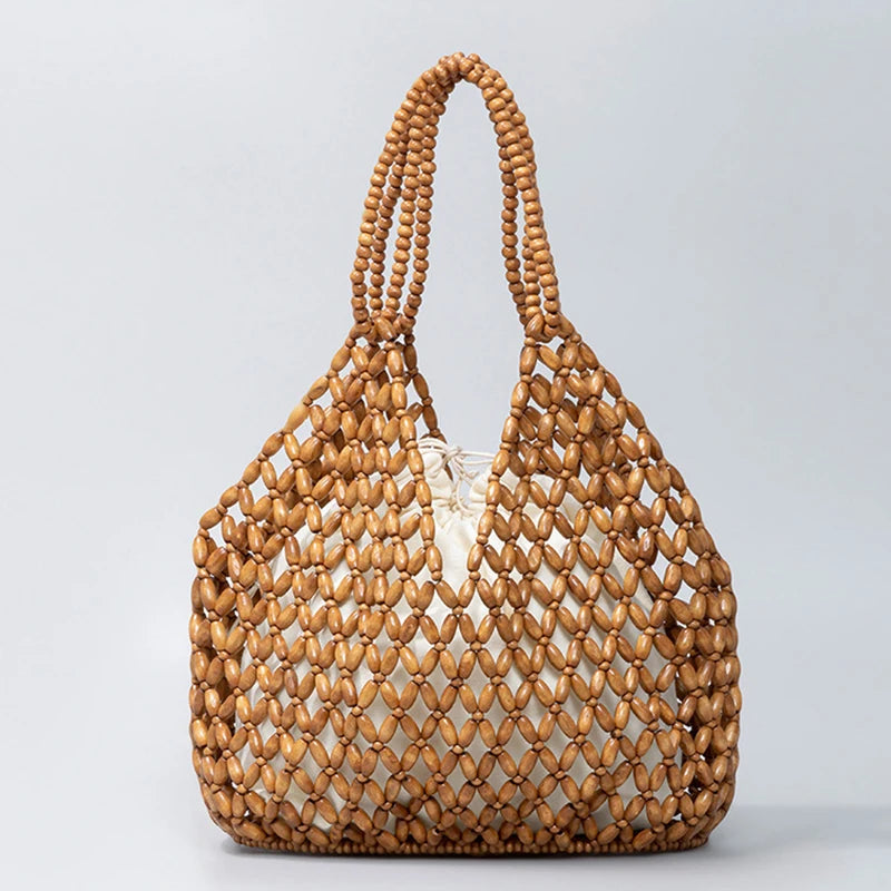 Women's Wooden Bead Bucket Shoulder Bag