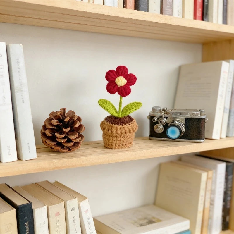 Knitted Flower Pot Red Heart Home Decor Gift