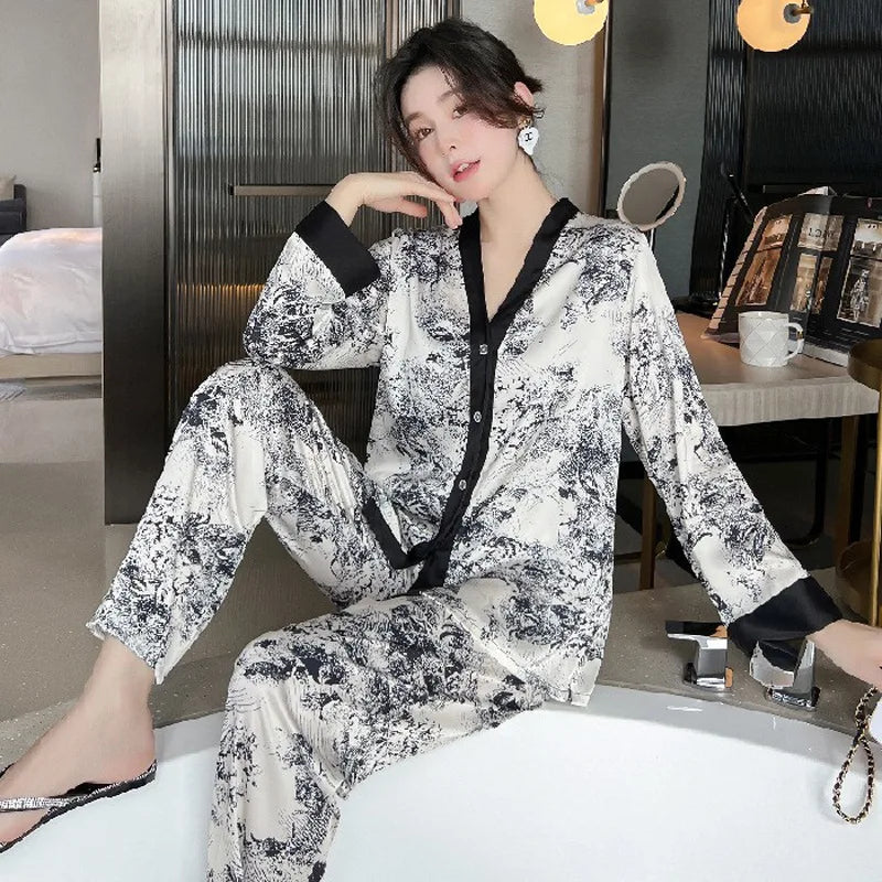 Women's Silk Print Cardigan Pajama Set