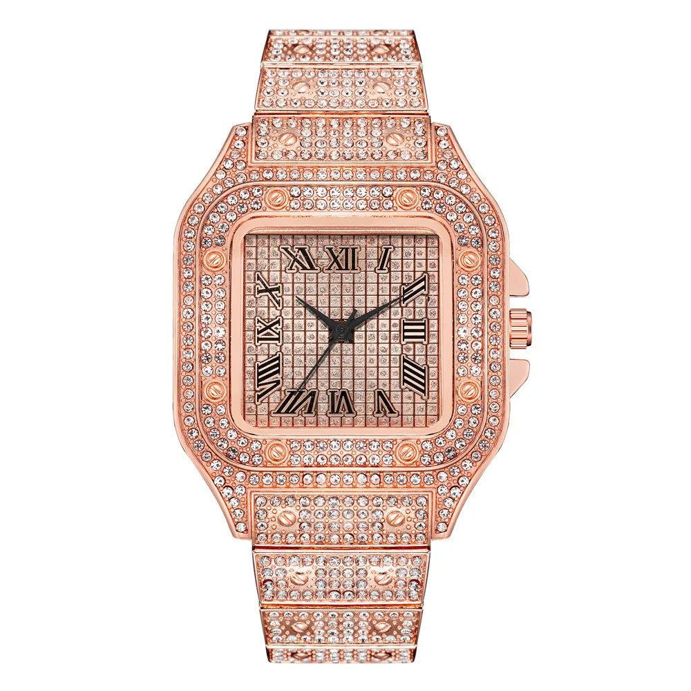 Men's Classic Square Rhinestone Steel Quartz Watch