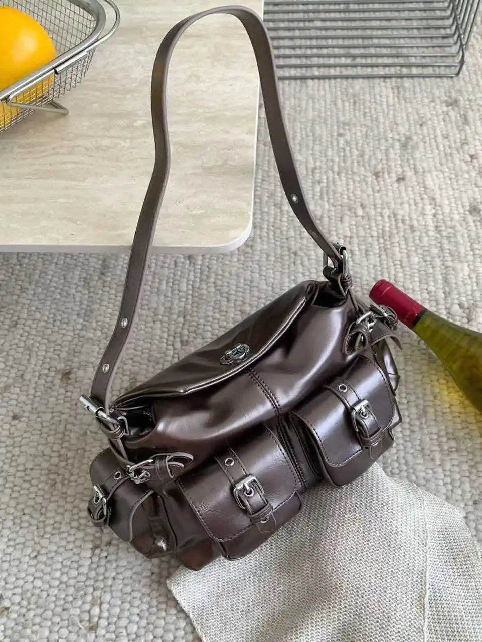 Women's Moto Style Multi-Pocket Armpit Tote