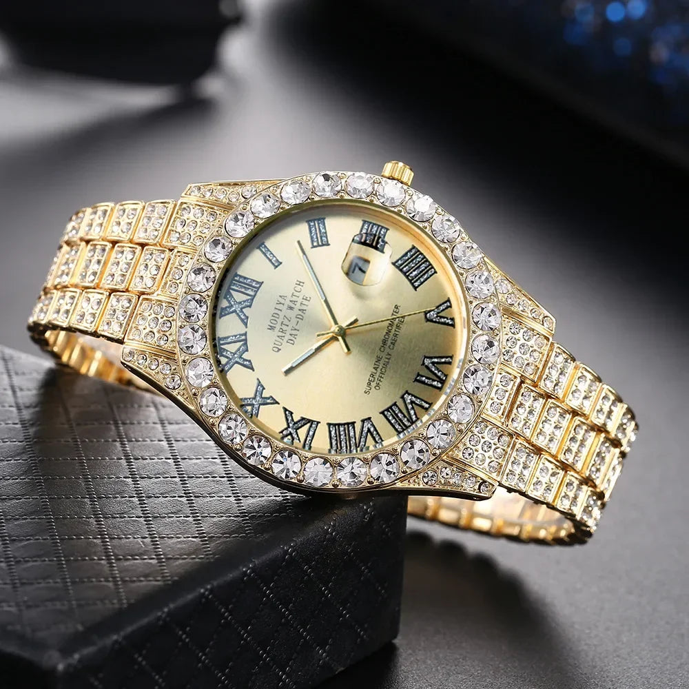 Men's Gold Diamond Rhinestone Quartz Watch